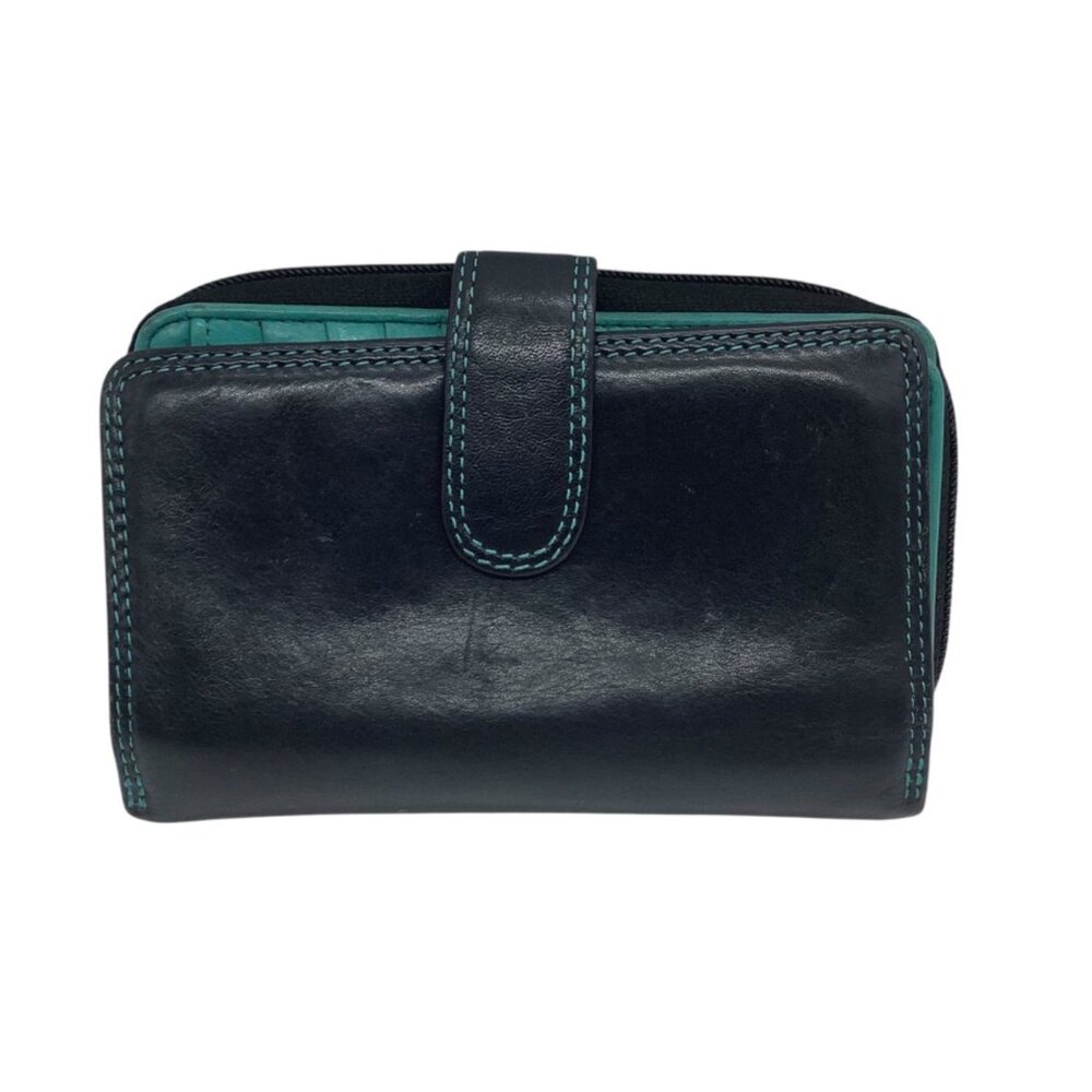 VISCONTI Black Teal Real Leather Wallet Snap Close Zip 6"x3.5" Credit Cards